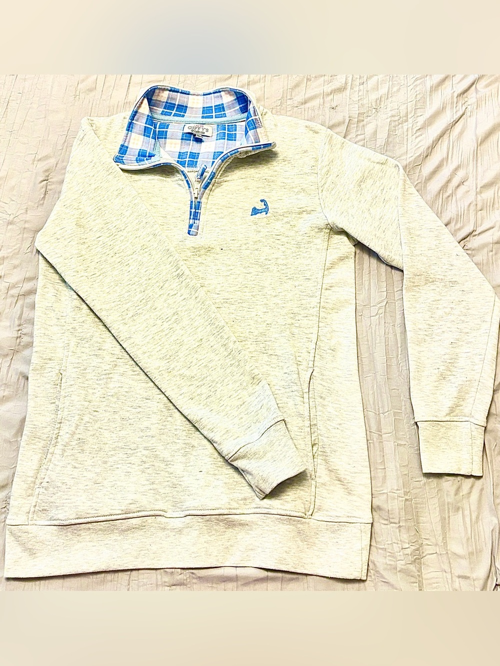 Guy Harvey Cream Half-Zip Pullover with Blue Plaid Collar